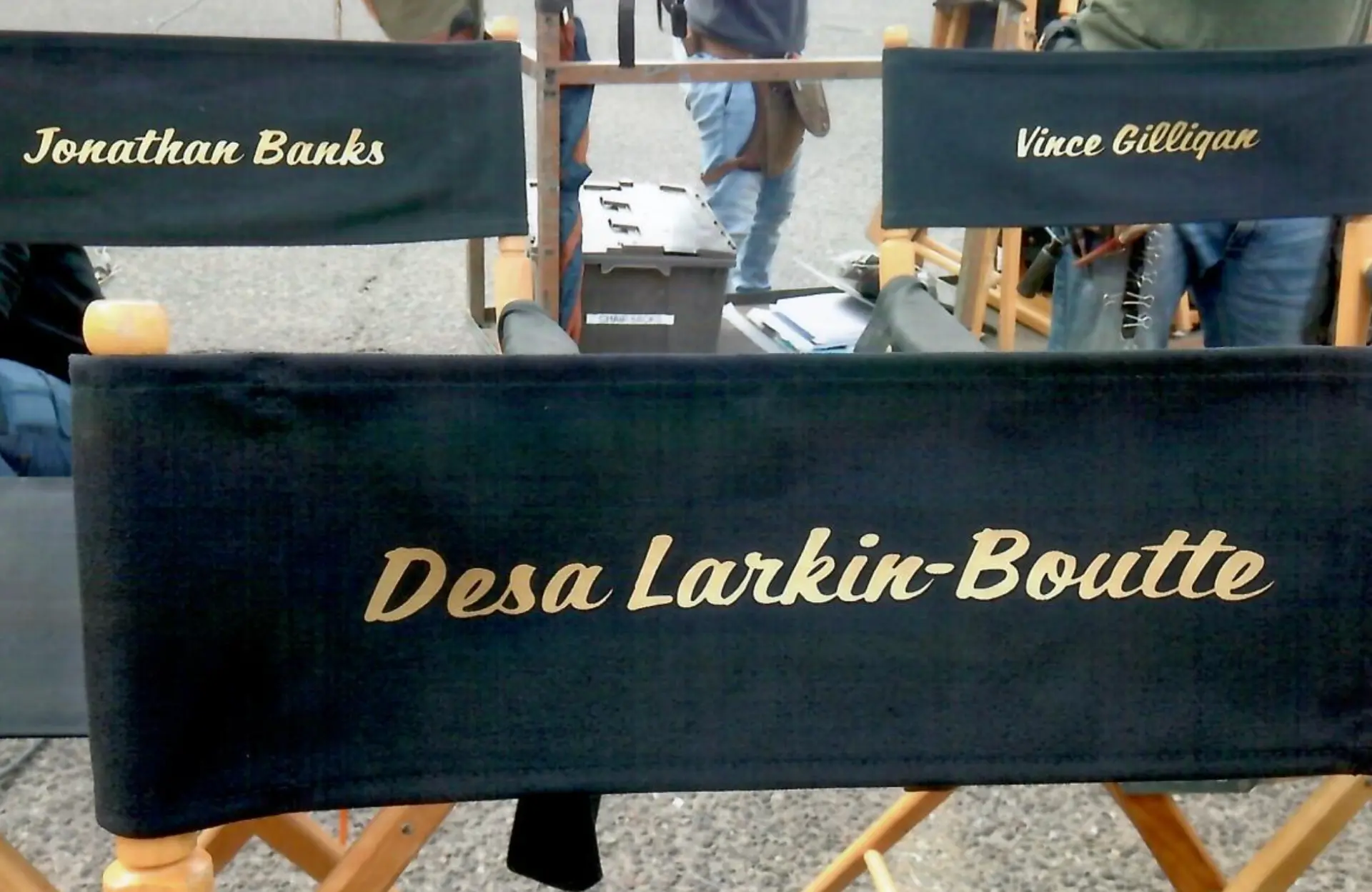 Set chairs on the Better Call Saul production reading Desa Larkin-Boutté, Jonathan Banks, and Vince Gilligan